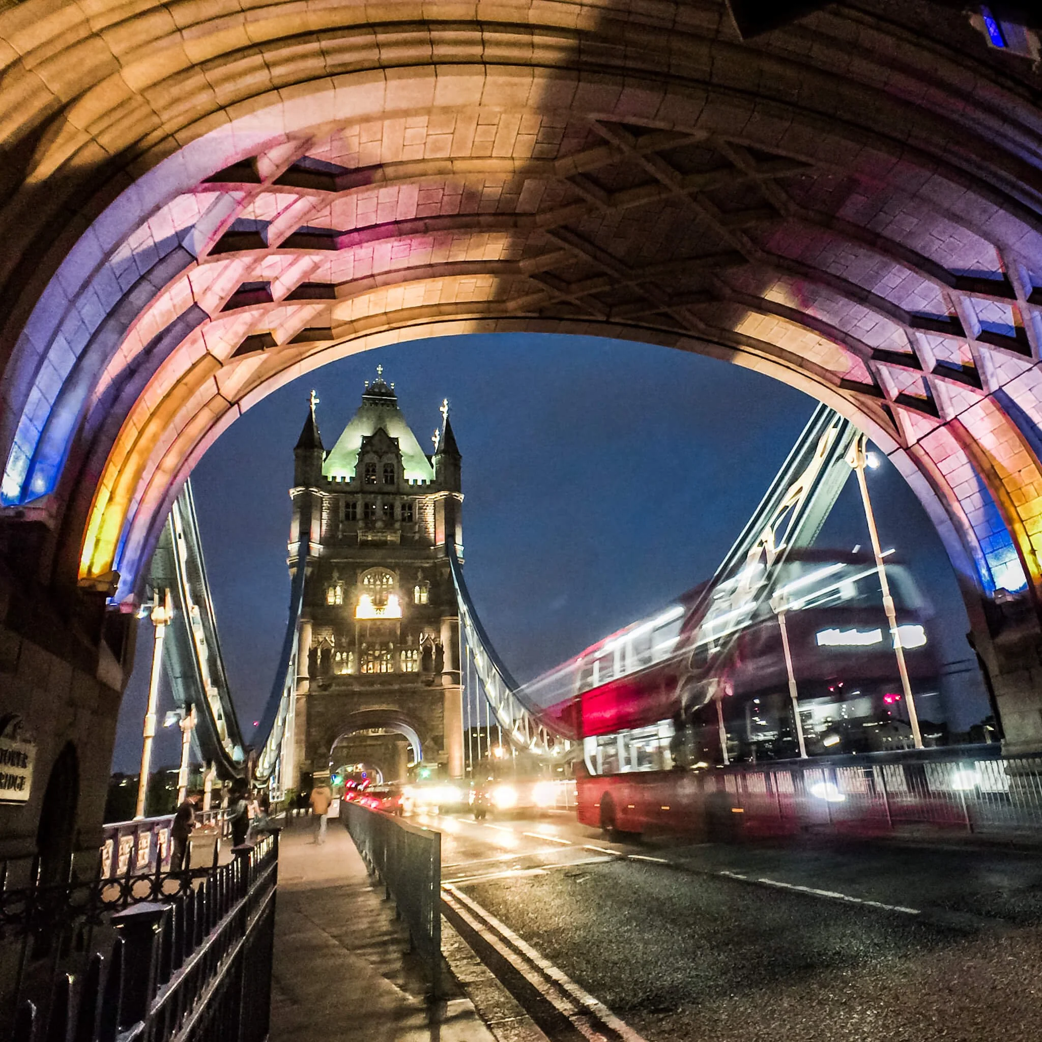 Long exposure of a red double-decker bus