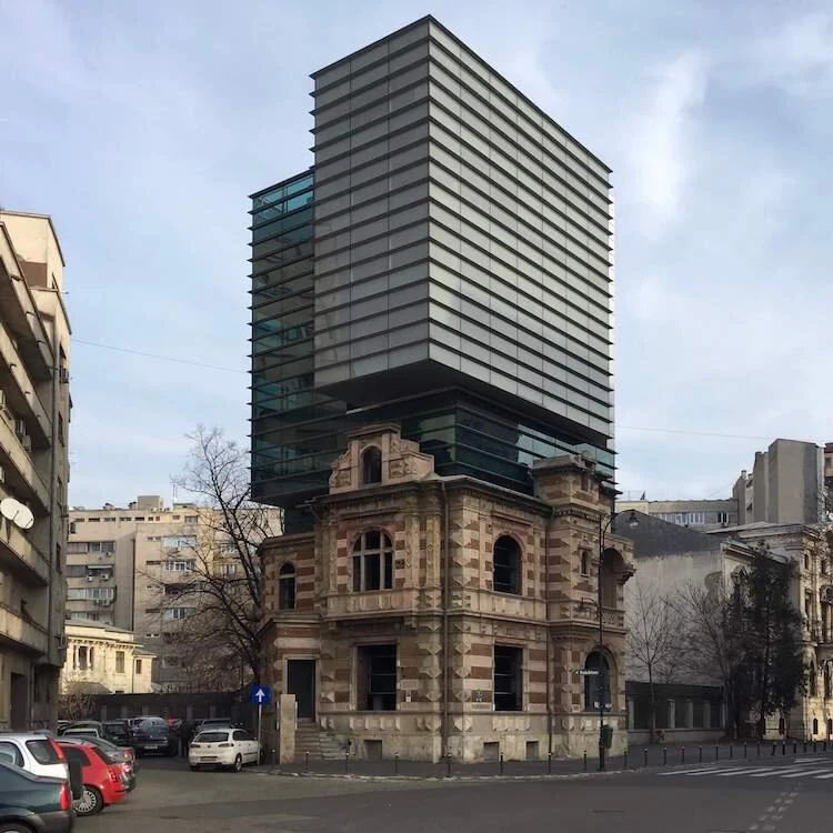 New building inside old building in Bucharest, Romania