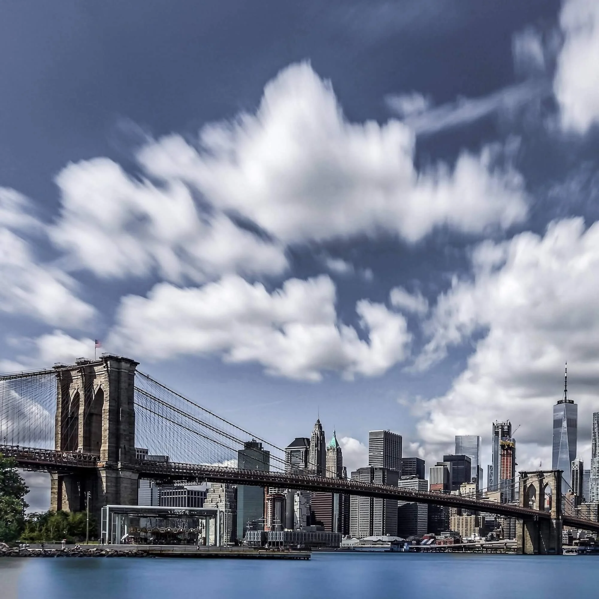 A long exposure of the New York Skyline as seen from Dumbo