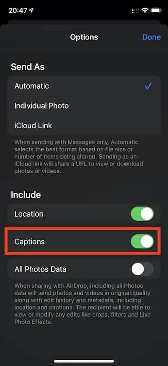 iOS14 Photo Caption in share sheet