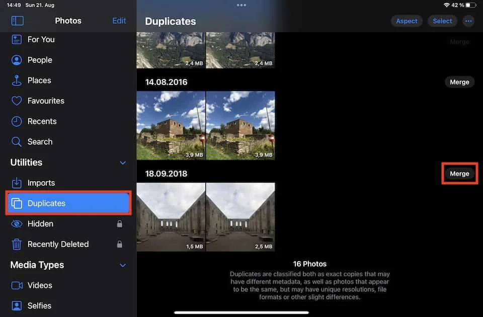 Find and merge duplicates in the iOS 16 Photos App
