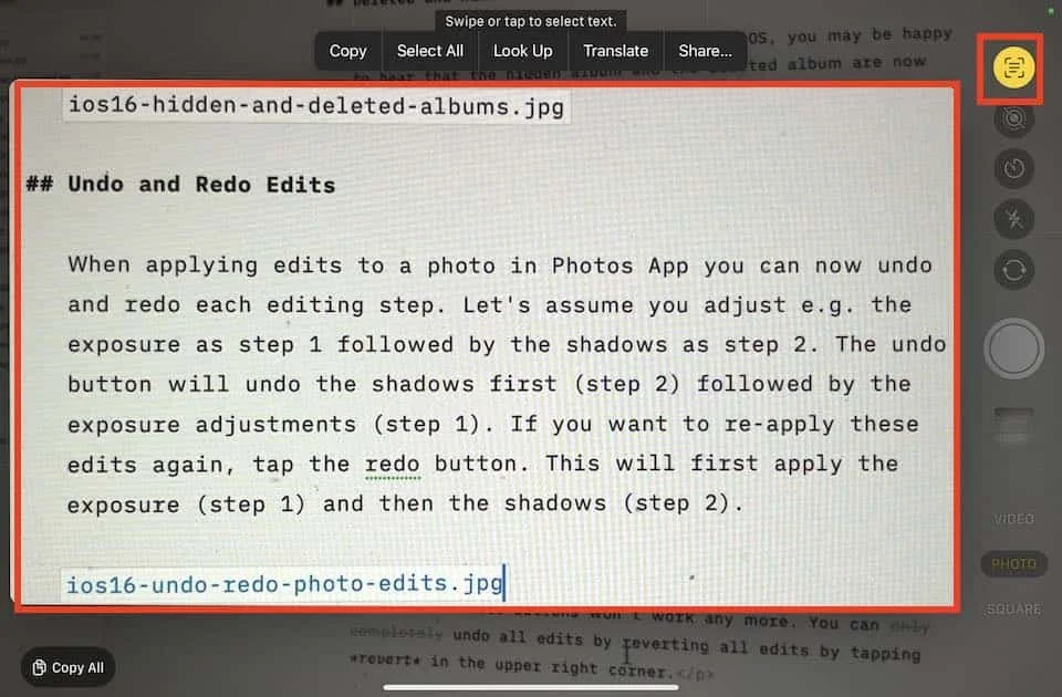 Live text zoomed in the iOS 16 Camera App