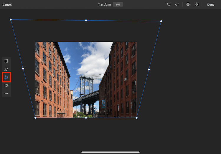 Use the free-form transformation tool to fix perspective distortions on Photoshop iPad
