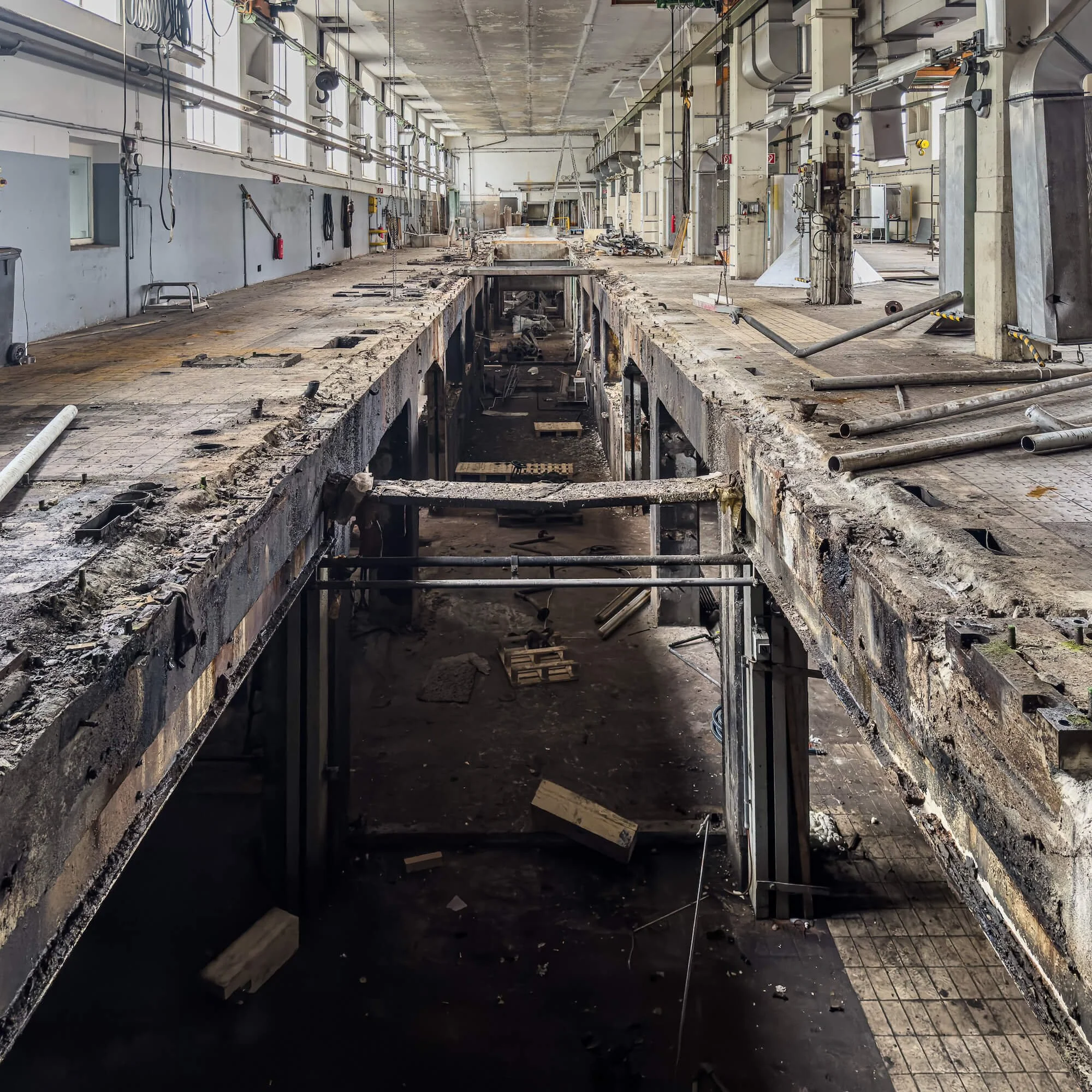 Paper machine hall at the abandoned paper mill in Scheufelen