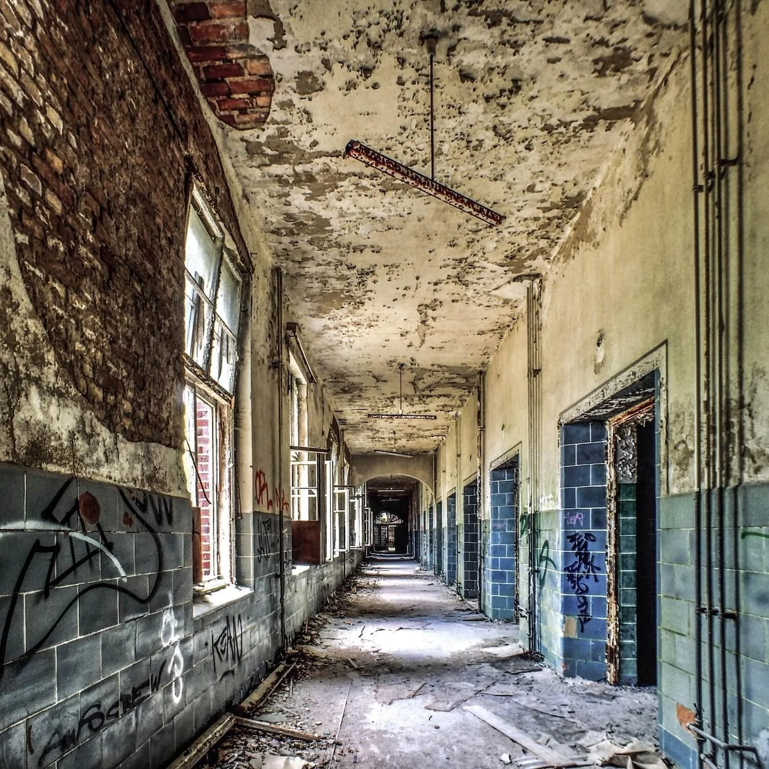 Long hallway at the abandoned Beelitz Heilstätten