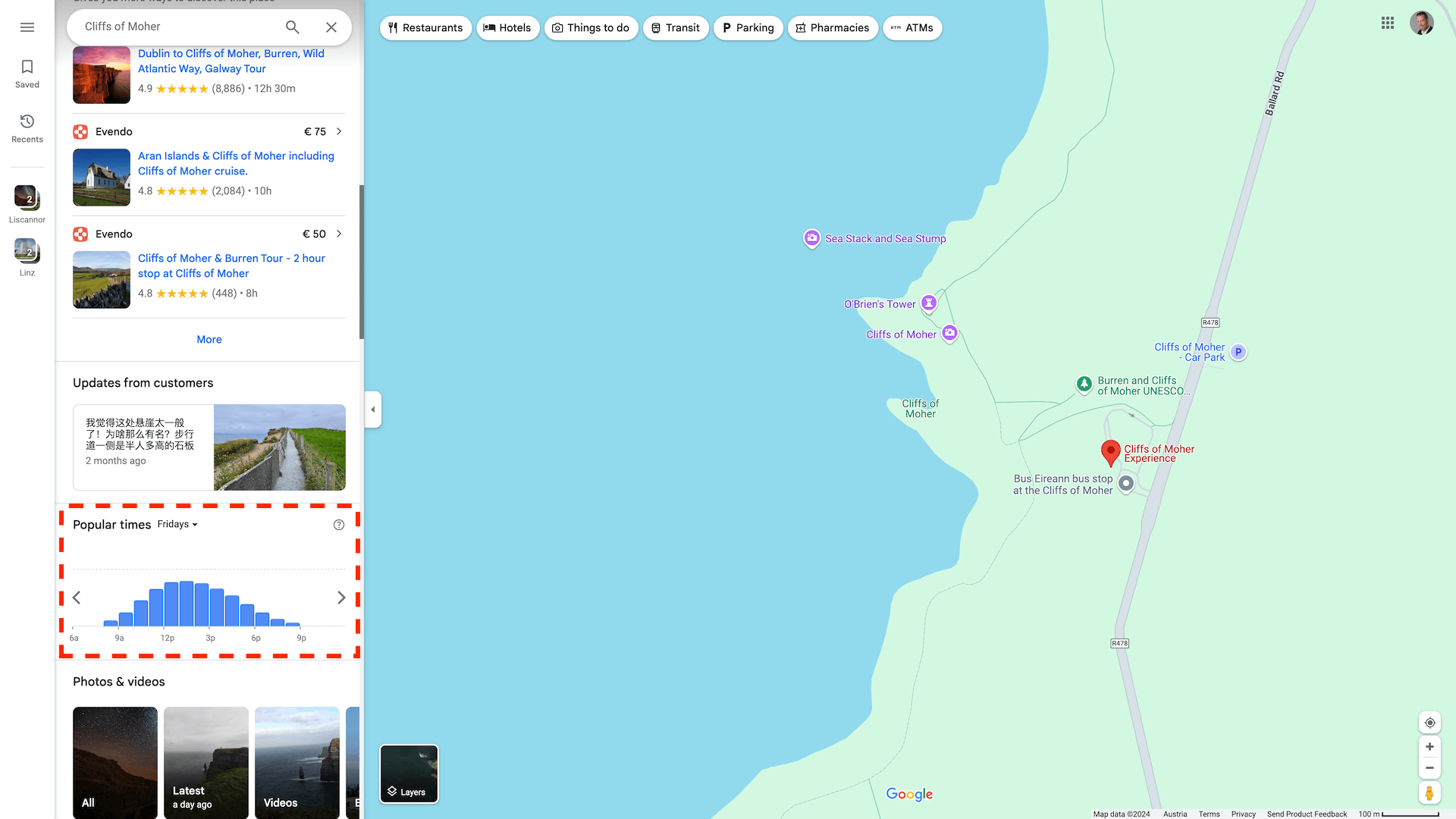 Popular times feature in Google Maps for the Cliffs of Moher