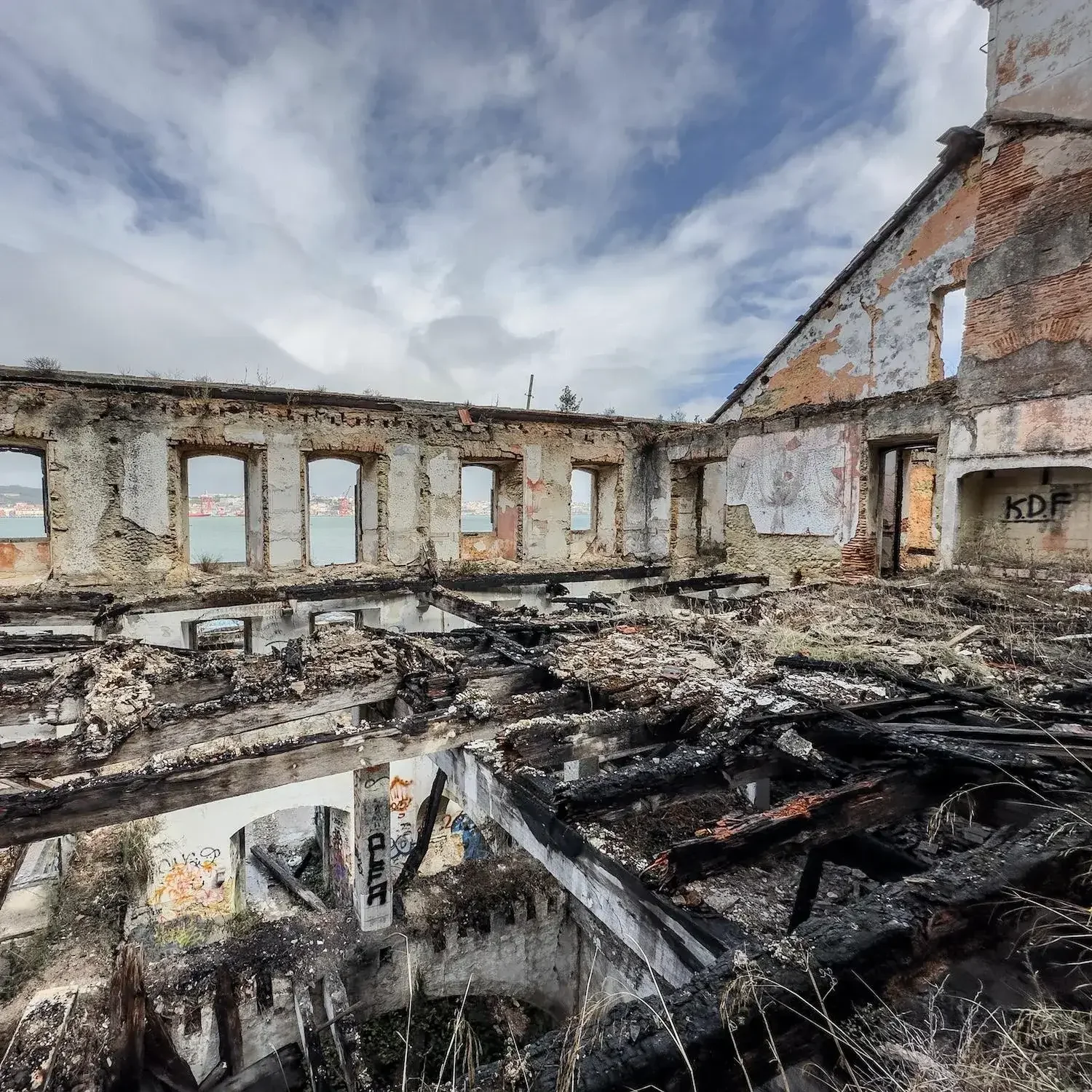Roofs and floors are collapsed at the abandoned harbor.