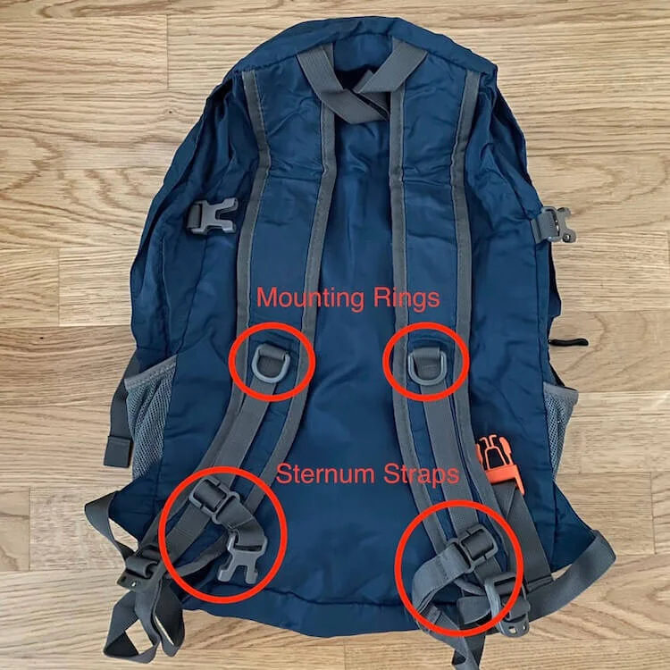 Mounting Rings and sternum strap on the Gonex packable Backpack