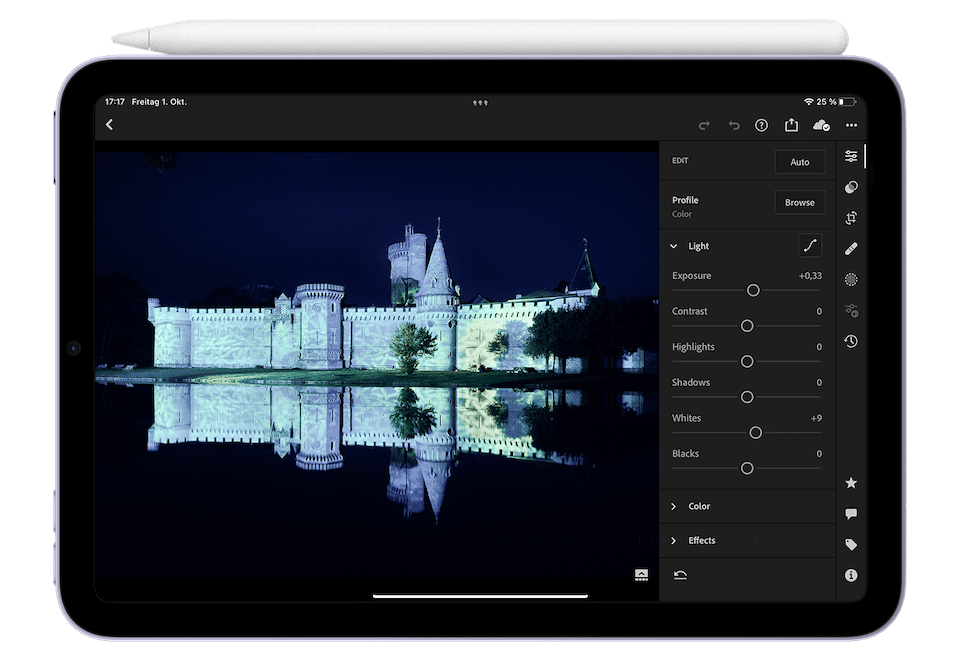 iPad mini 2021 with Apple Pencil running Lightroom Mobile