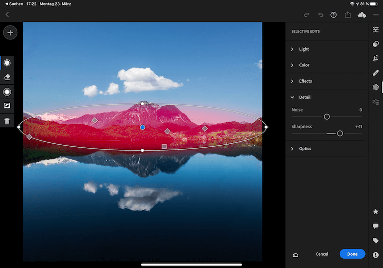 Applying sharpness using a local adjustment in Lightroom Mobile