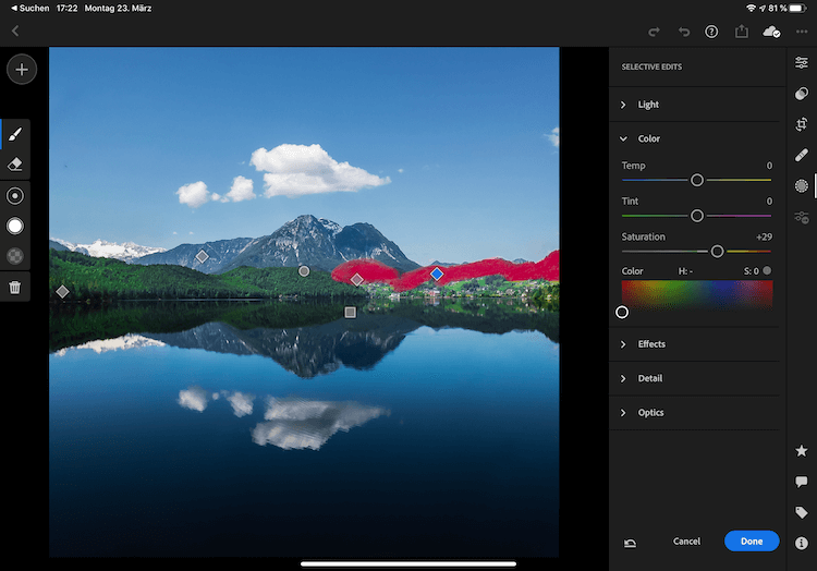 Increasing saturation using a local adjustment in Lightroom Mobile