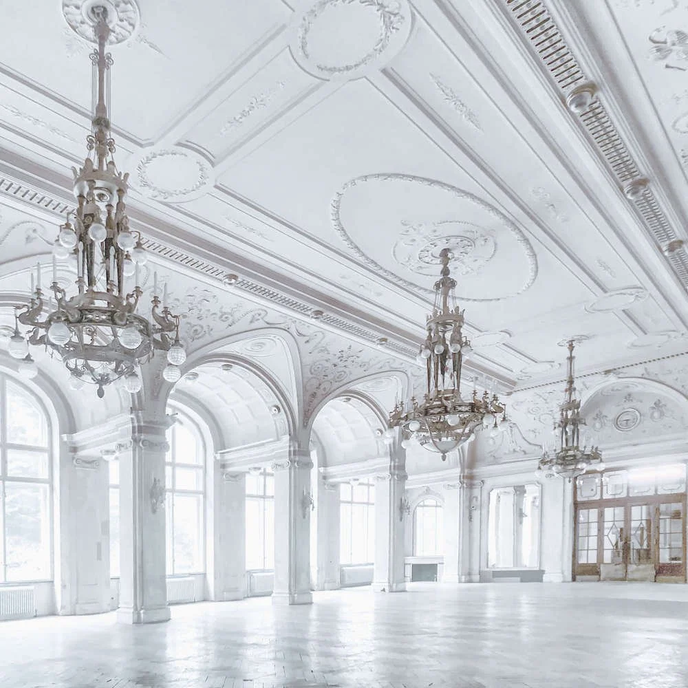 High-Key edit of an abandoned ballroom.