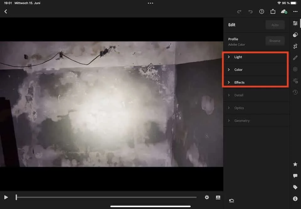 Only some adjustments are enabled for video editing in Lightroom mobile