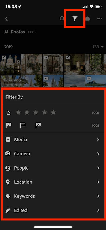 Applying a filter to an album in Lightroom Mobile
