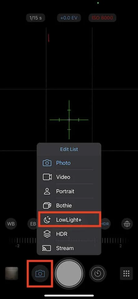 Enable Low Light+ in ProCamera App