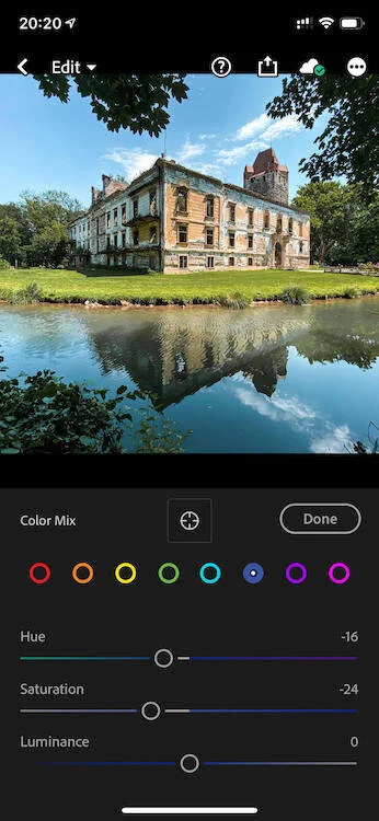 Fix the blue sky with color adjustments in Lightroom Mobile