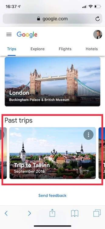 Past trips from Google Trips is available under https://google.com/travel