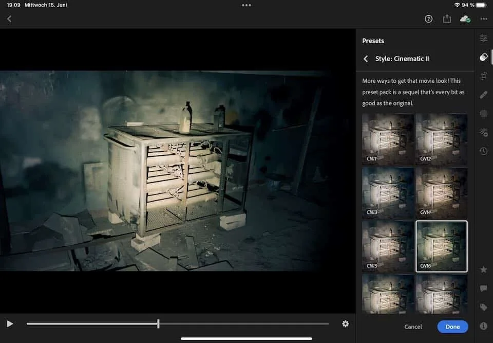 Applying a preset to a video in Lightroom mobile