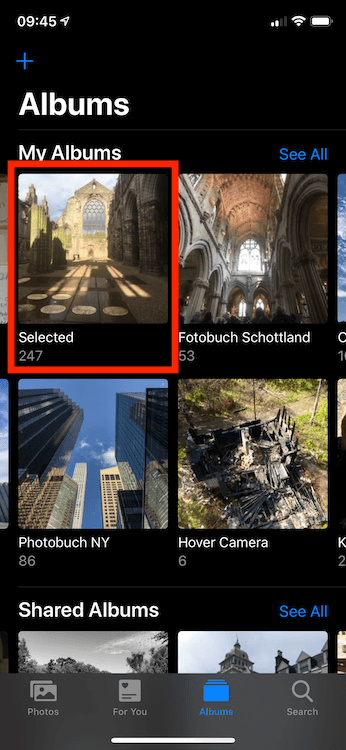 Selected album used to collect photos for editing
