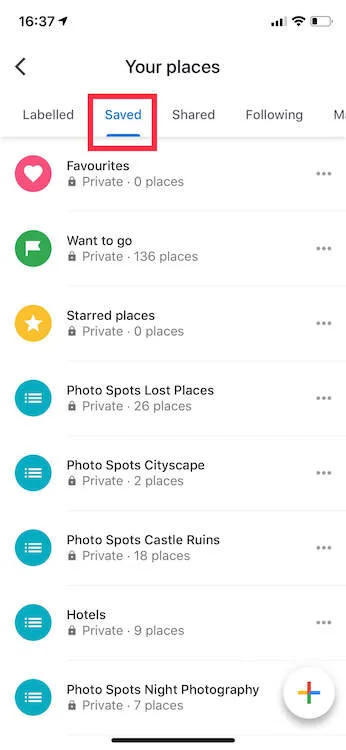 Tap saved to access the lists containing saved places from Google Trips in Google Maps