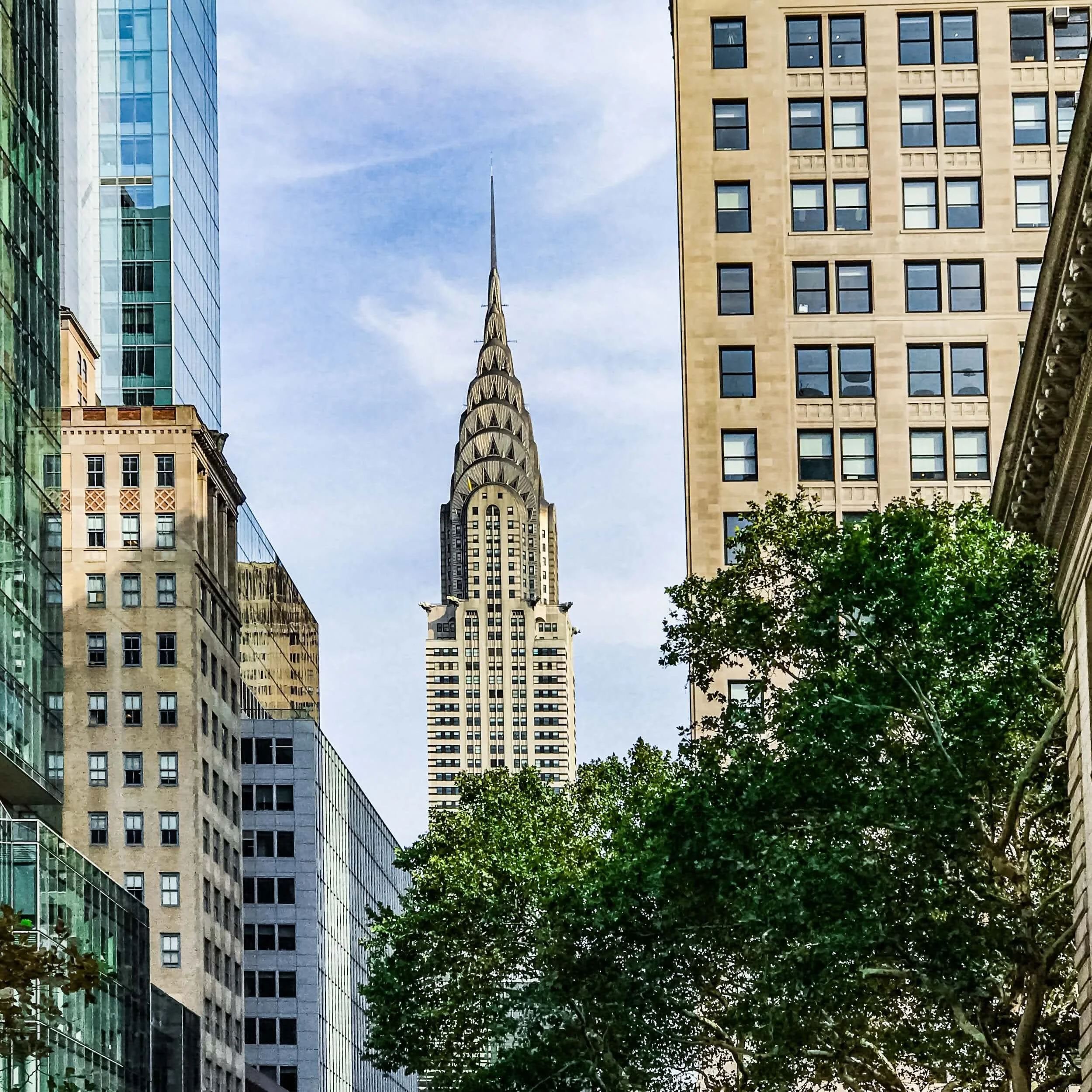 The Empire State Building framed by other buildings